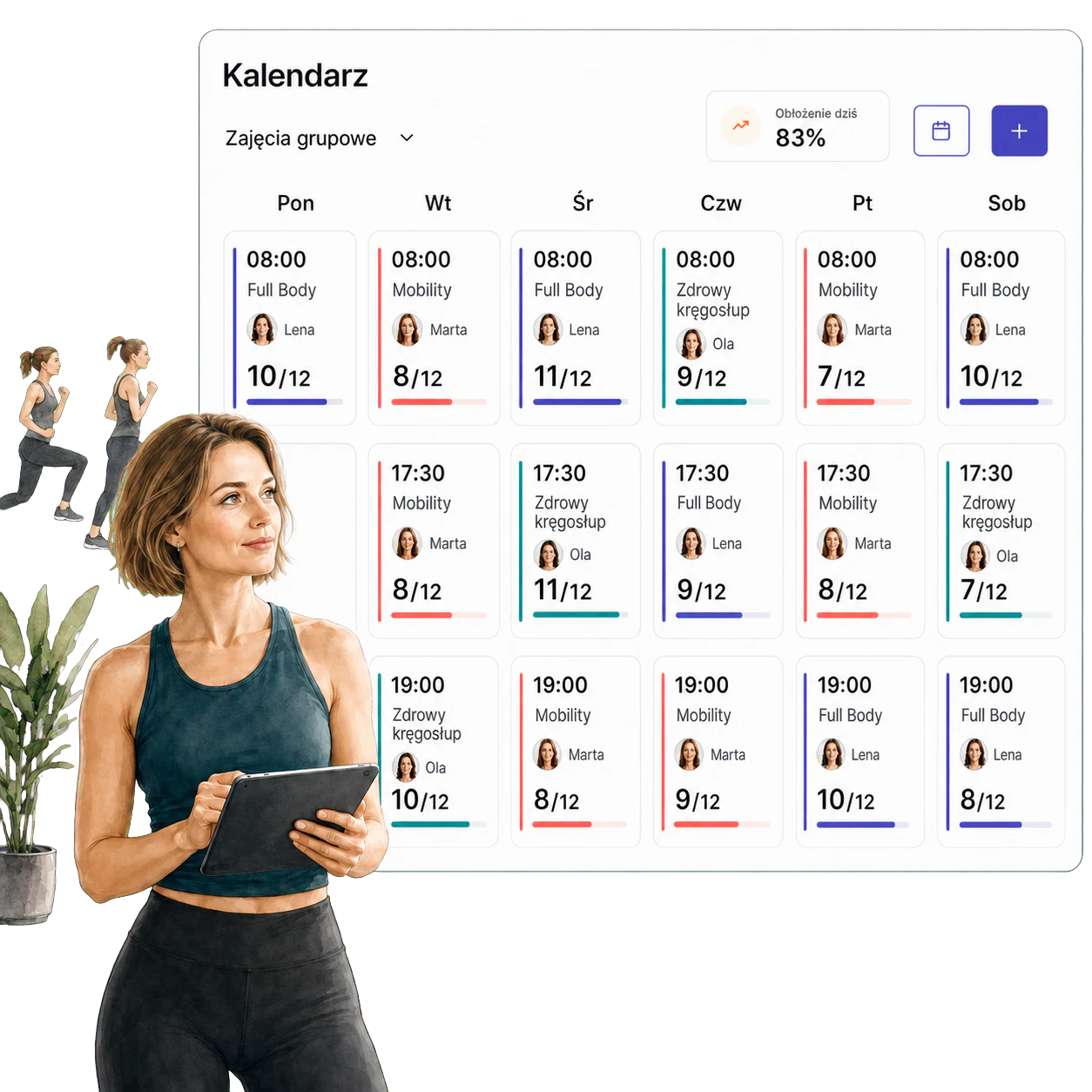 Managerka studia fitness przy grafiku zajęć grupowych i liczbie zapisanych w Fitro