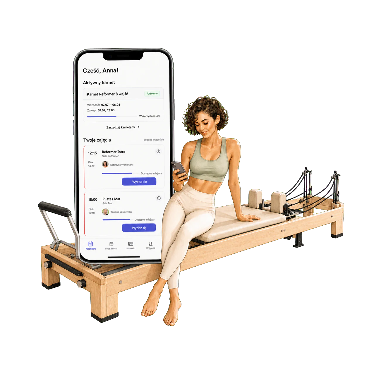 Klientka studia Pilates Reformer obok ekranu Fitro z grafikiem i karnetem