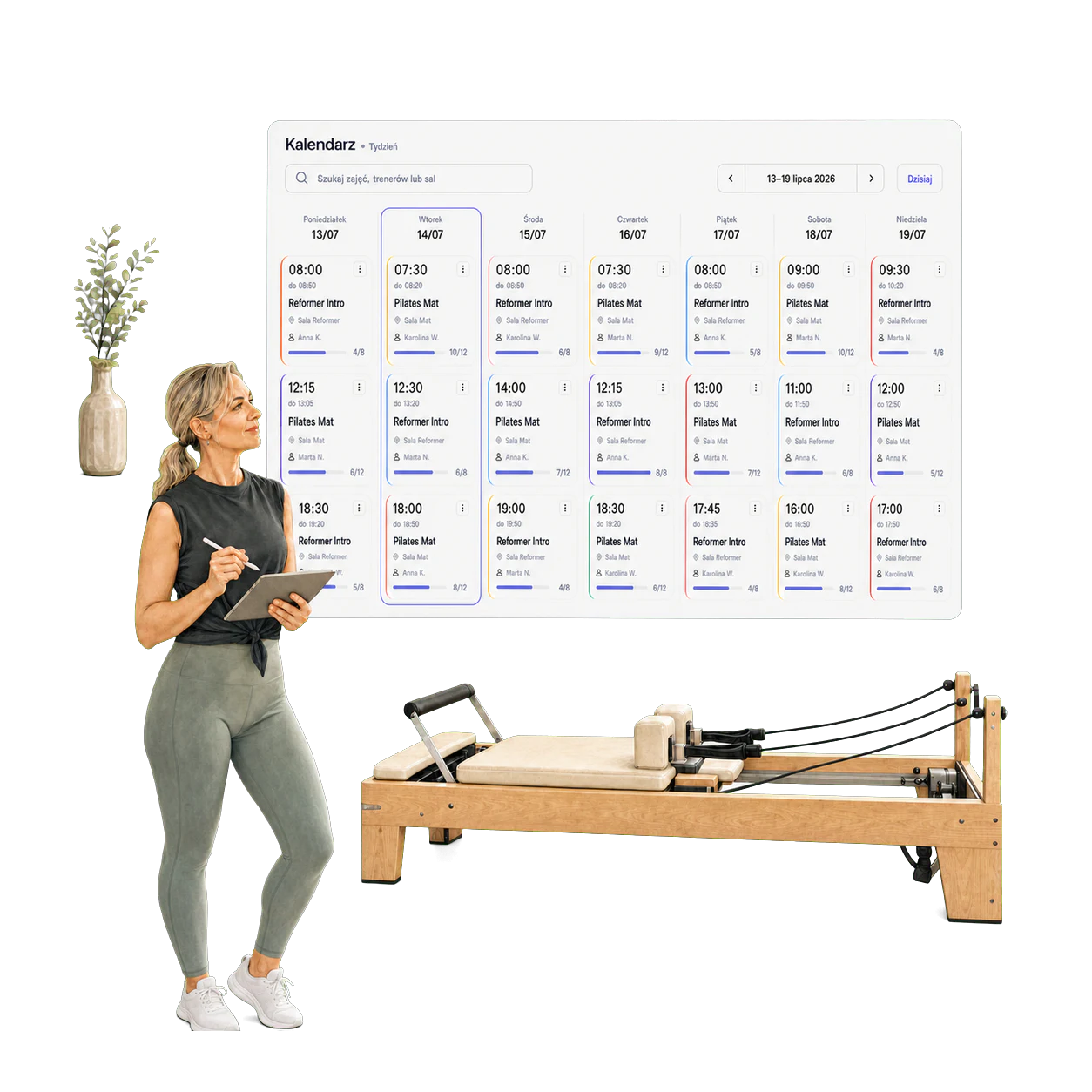 Właścicielka studia Pilates Reformer przy tygodniowym kalendarzu zajęć w Fitro