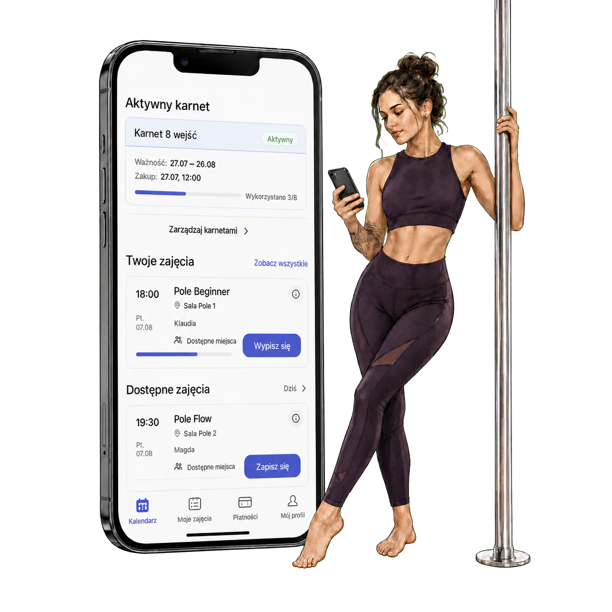 Kursantka pole dance obok ekranu Fitro z grafikiem i aktywnym karnetem