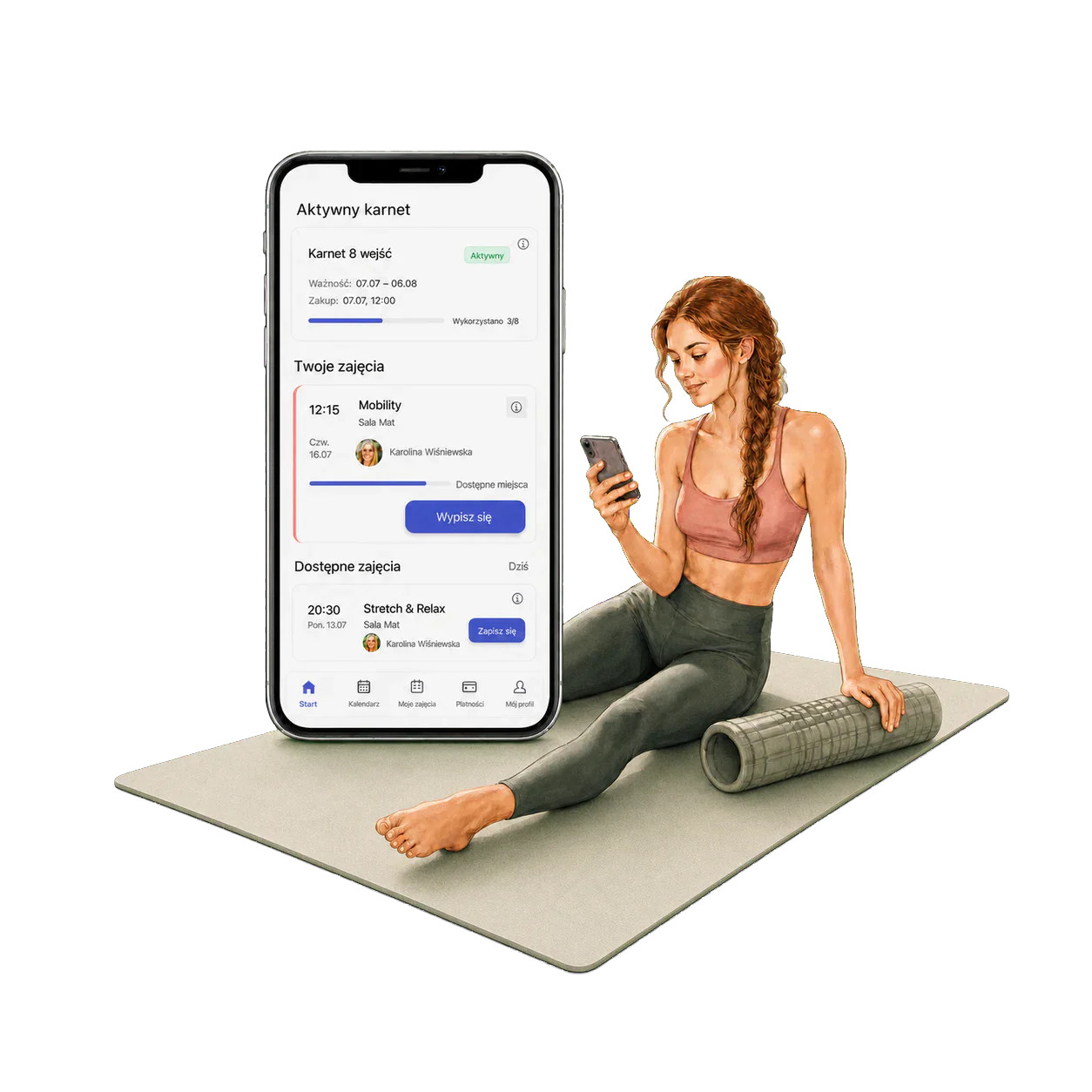 Instruktorka stretchingu obok ekranu Fitro z grafikiem mobility i karnetem