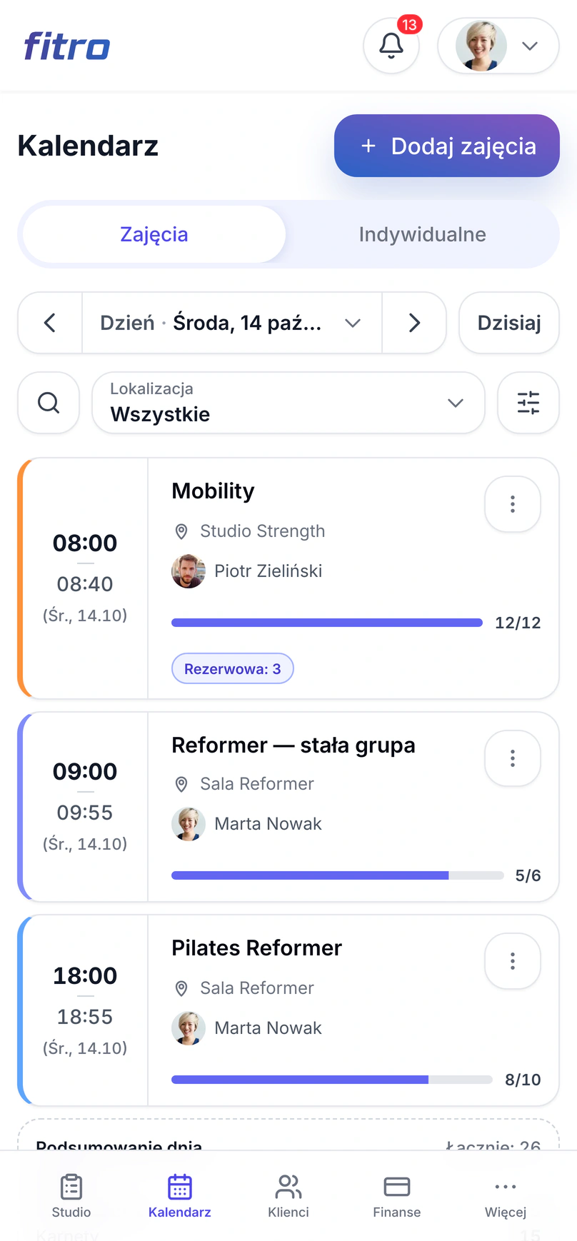 Widok grafiku zajęć w panelu właściciela Fitro