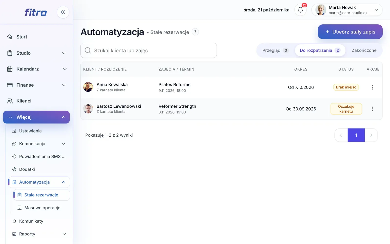 Zakładka Do rozpatrzenia z terminami o statusie Brak miejsc i Oczekuje karnetu