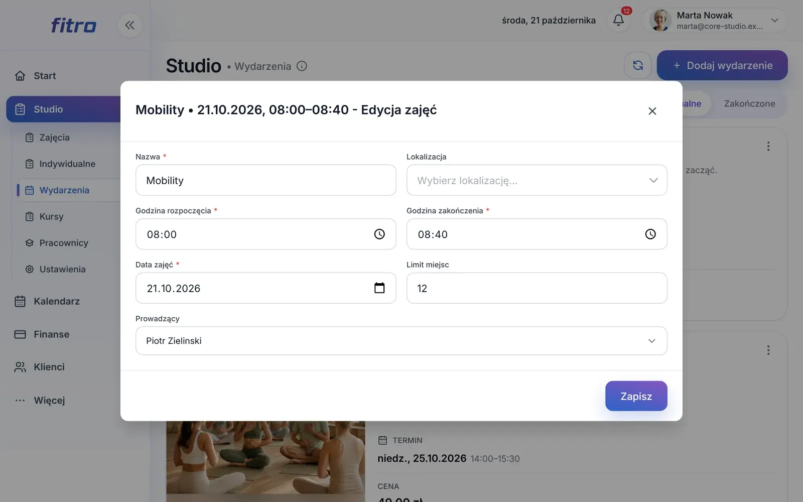 Formularz edycji jednego terminu zajęć z godzinami, datą, limitem miejsc i prowadzącym