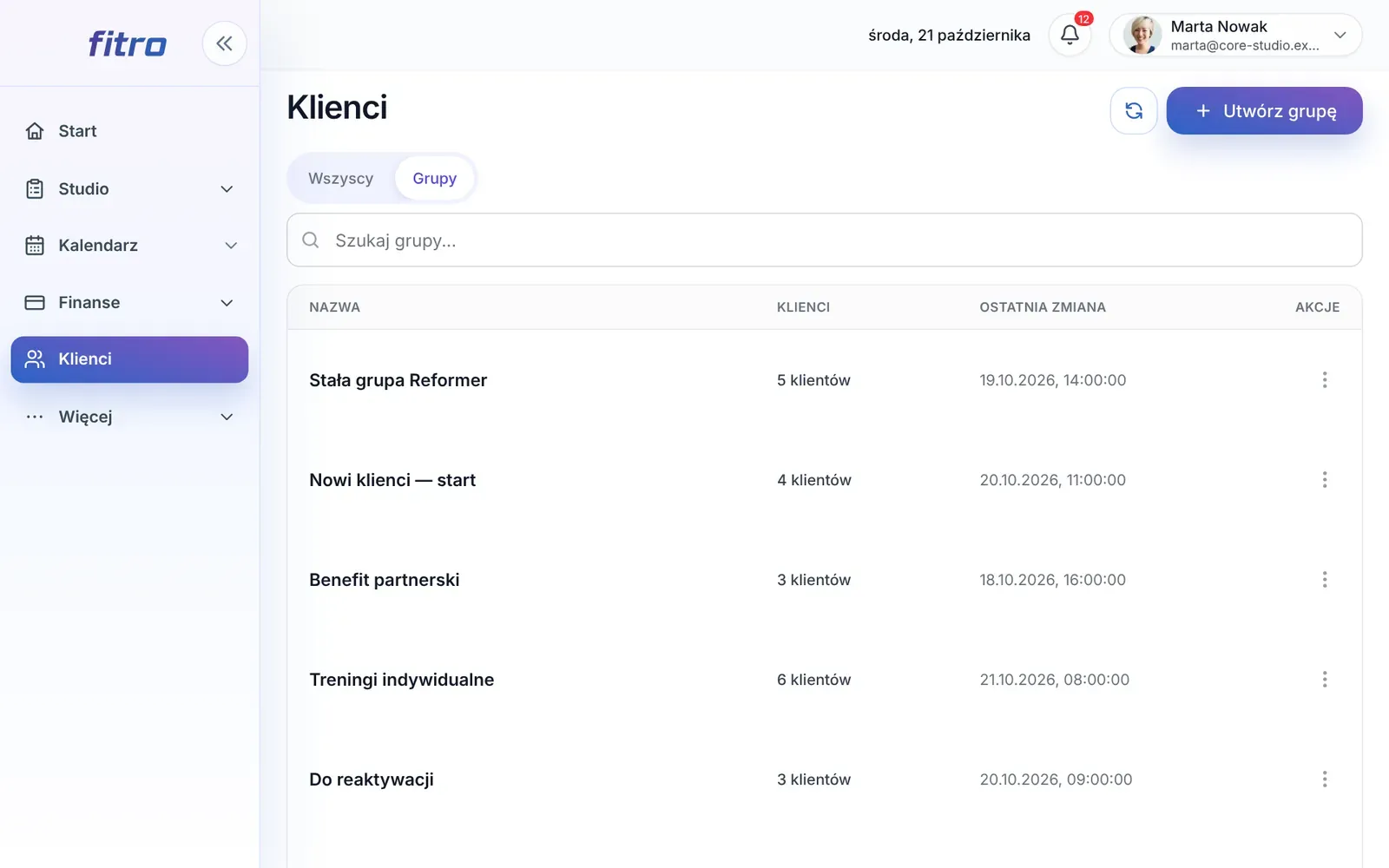 Lista grup klientów z liczbą klientów i datą ostatniej zmiany