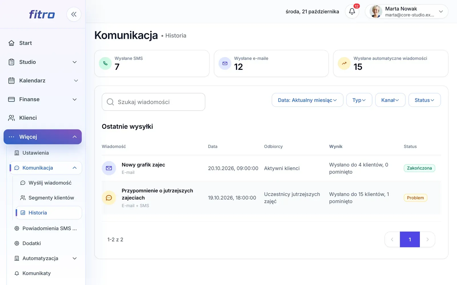 Historia wysłanych wiadomości SMS i e-mail