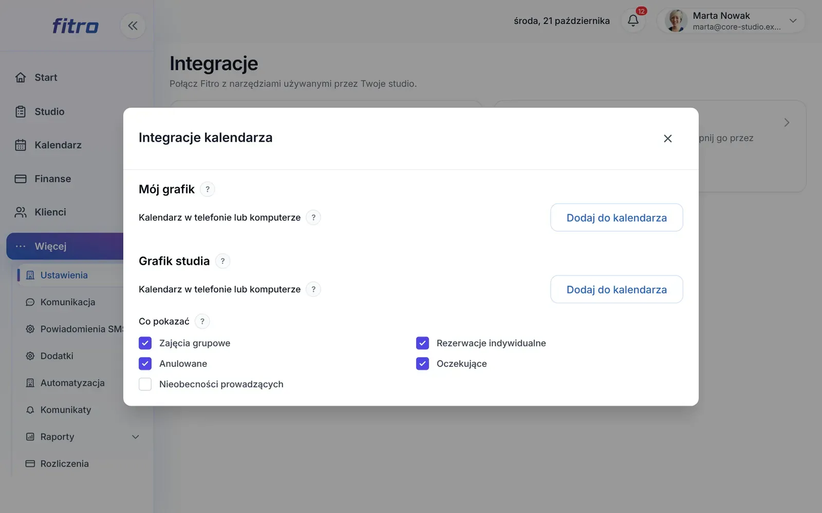Integracje kalendarza z sekcjami Mój grafik i Grafik studia oraz opcjami Co pokazać