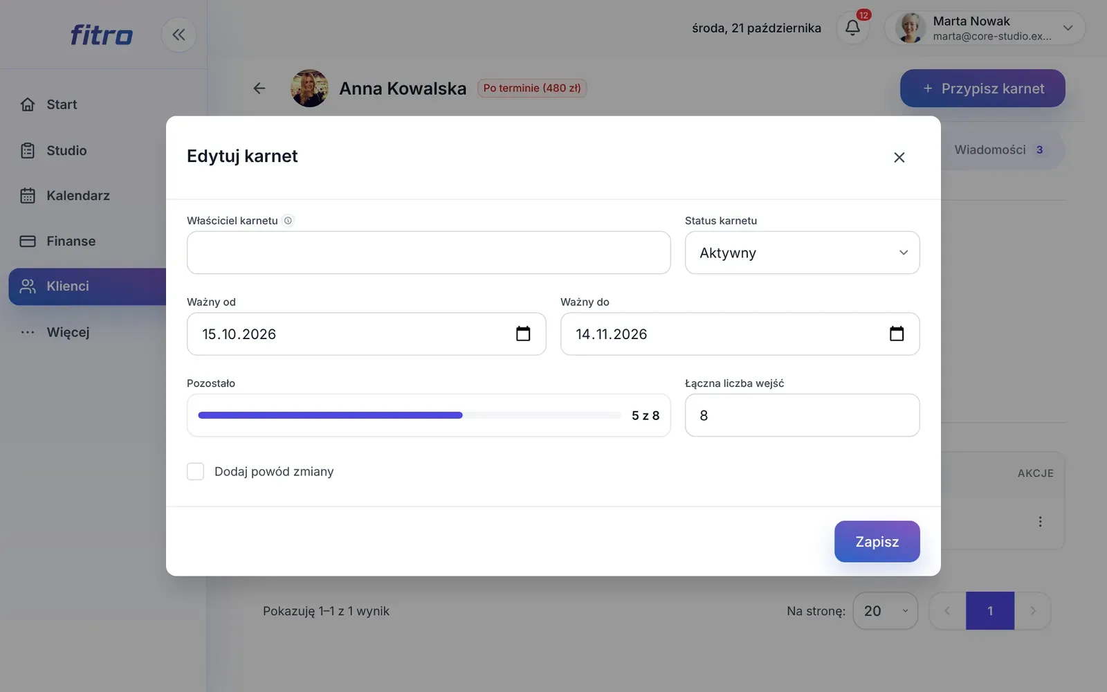 Formularz Edytuj karnet ze statusem, datami ważności i liczbą wejść
