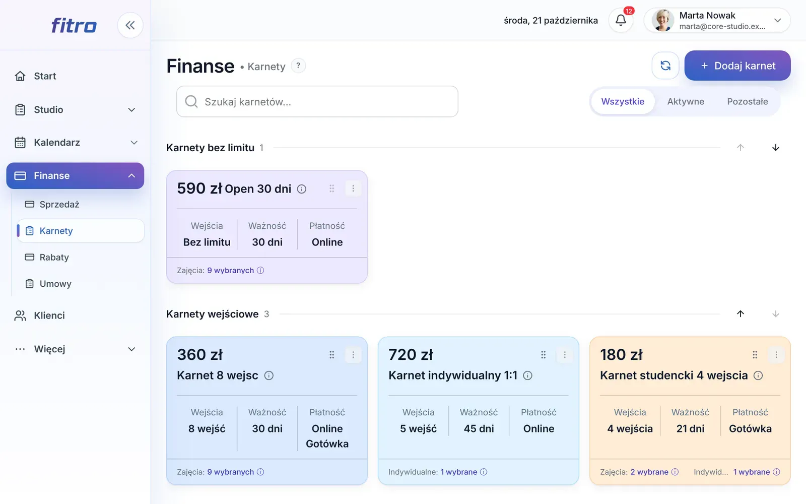 Katalog karnetów studia w Finanse → Karnety