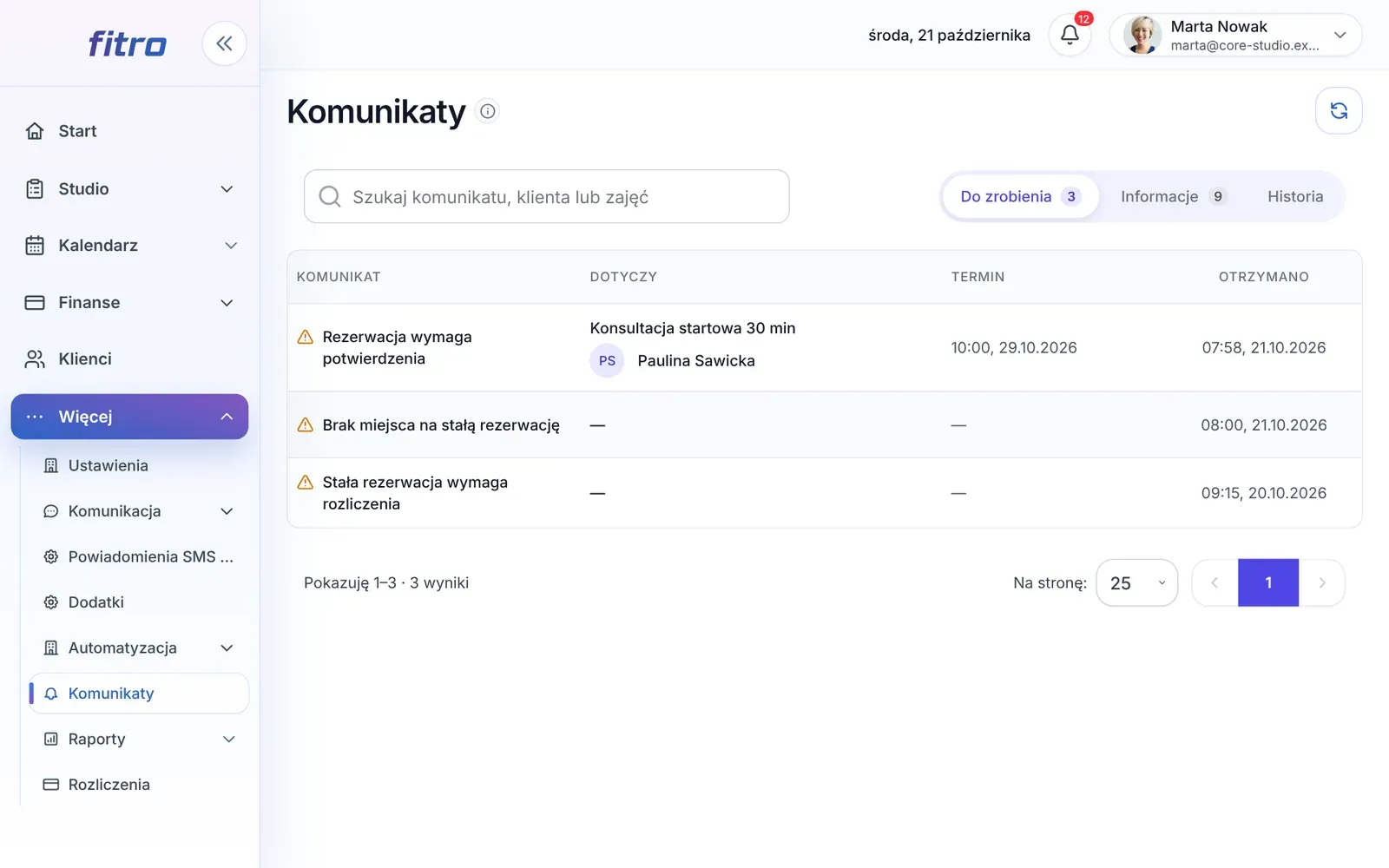 Komunikaty z zakładkami Do zrobienia, Informacje i Historia