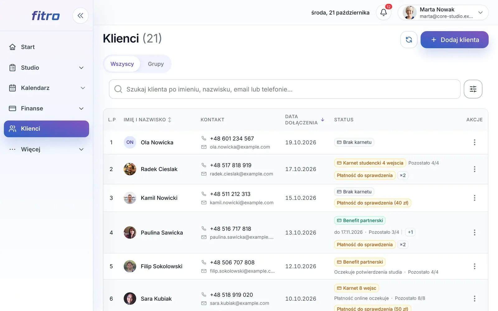 Lista klientów studia z wyszukiwarką