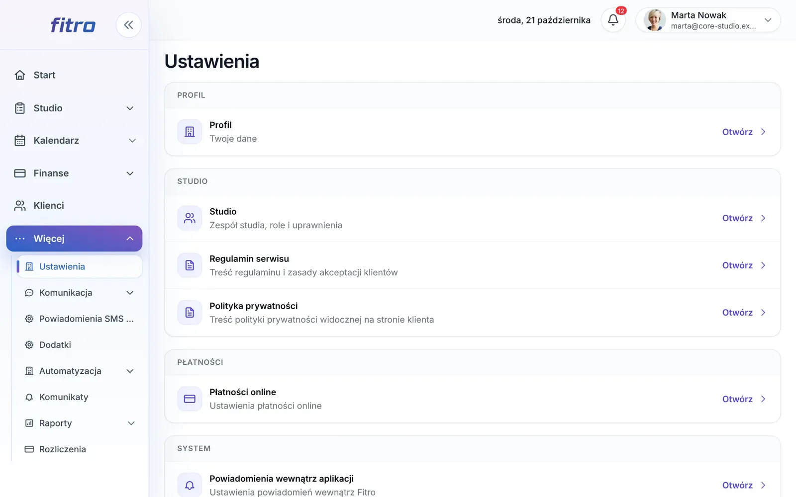 Ustawienia z sekcjami Profil, Studio, Regulamin serwisu, Polityka prywatności i Płatności online