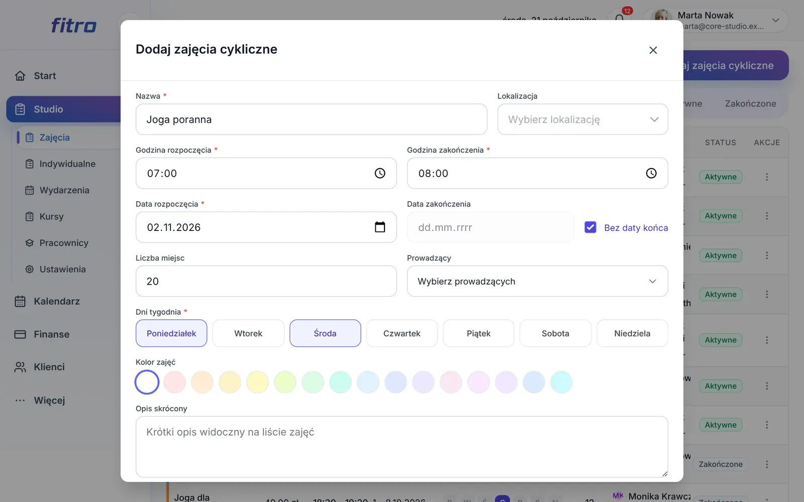 Formularz nowych zajęć cyklicznych z nazwą, godzinami, datą startu i dniami tygodnia