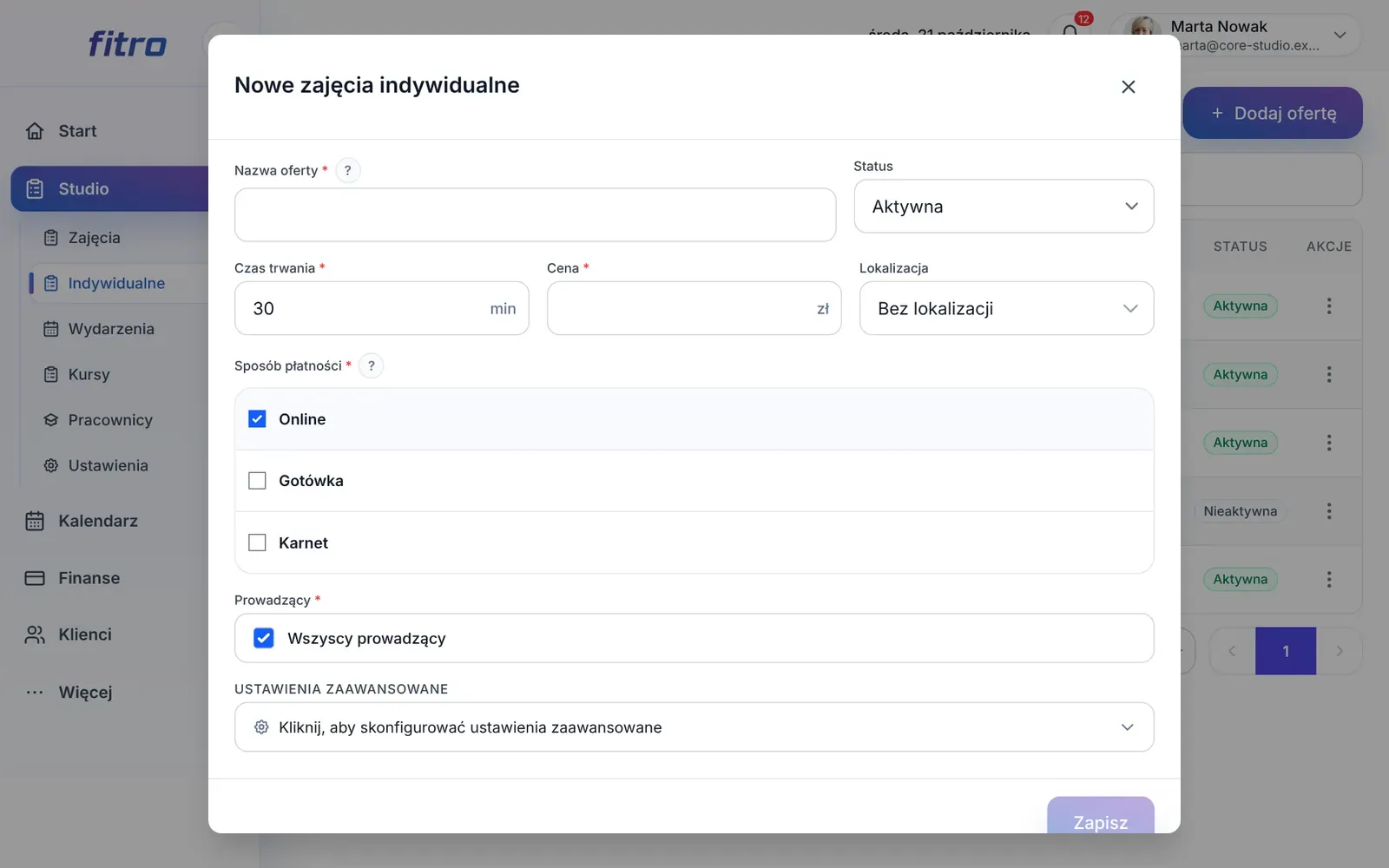 Formularz nowej oferty z nazwą, czasem trwania, ceną, lokalizacją, płatnością i prowadzącymi