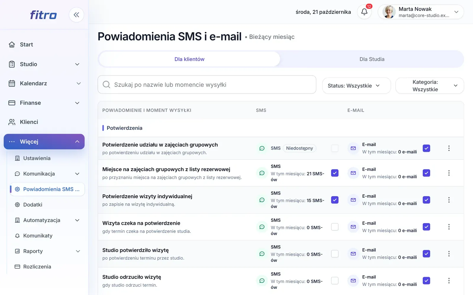 Powiadomienia SMS i e-mail z kolumnami SMS i E-mail oraz liczbą wysłanych wiadomości w tym miesiącu