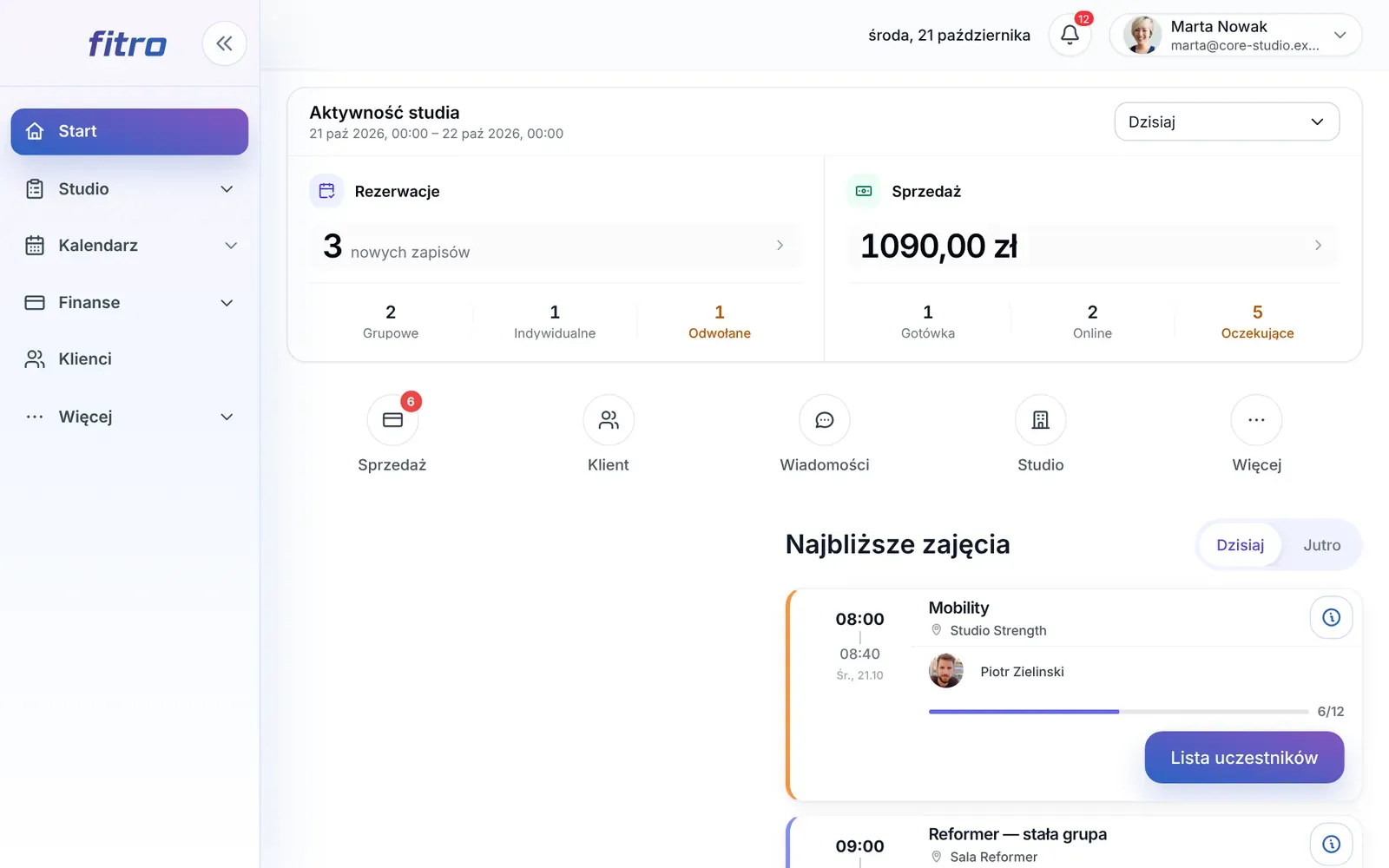 Ekran Start z aktywnością studia, szybkimi akcjami i najbliższymi zajęciami