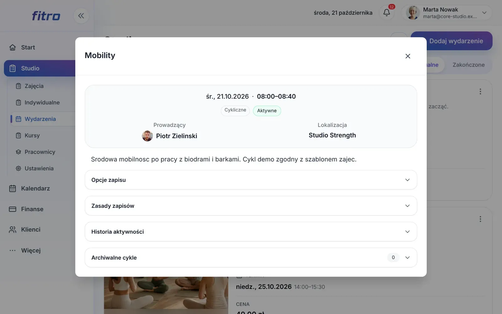 Szczegóły terminu zajęć: data, prowadzący, lokalizacja, opcje i zasady zapisu