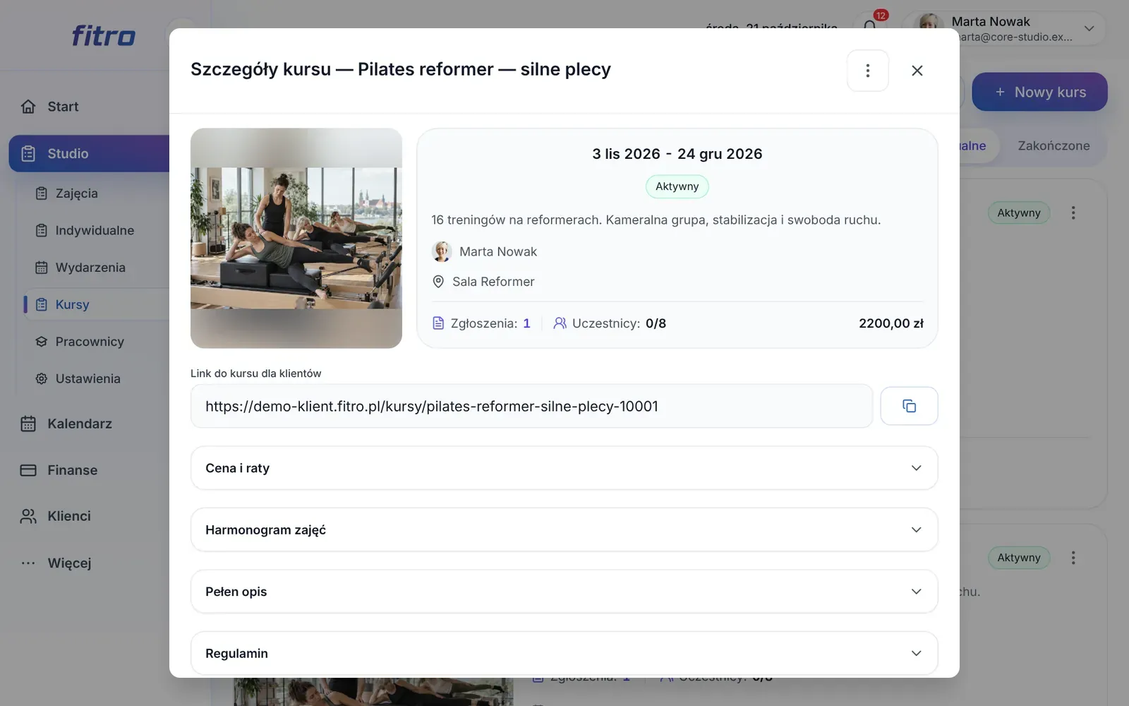 Szczegóły kursu z terminem, prowadzącym, salą, ceną i linkiem do kursu
