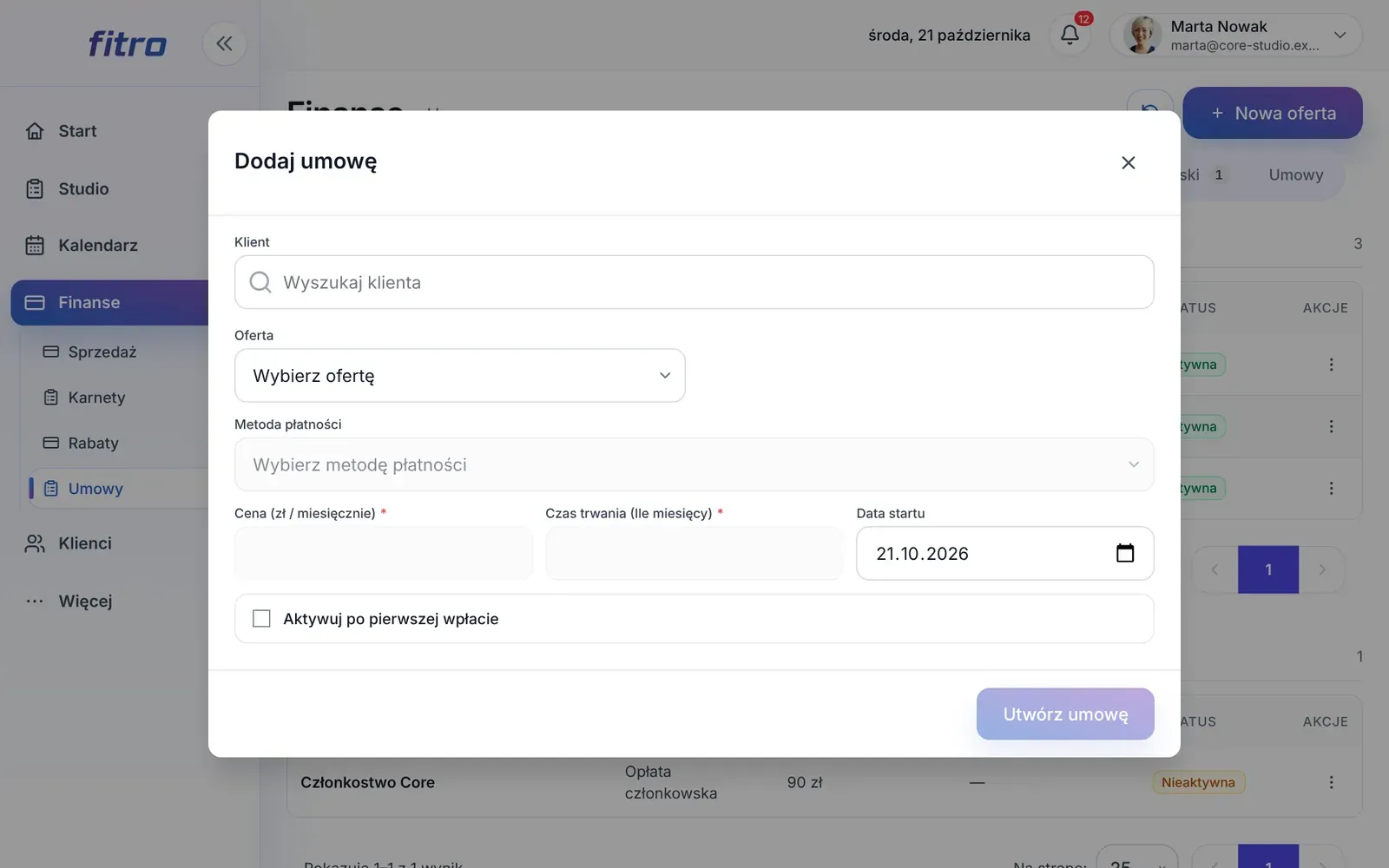 Formularz Dodaj umowę z klientem, ofertą, ceną, czasem trwania i datą startu