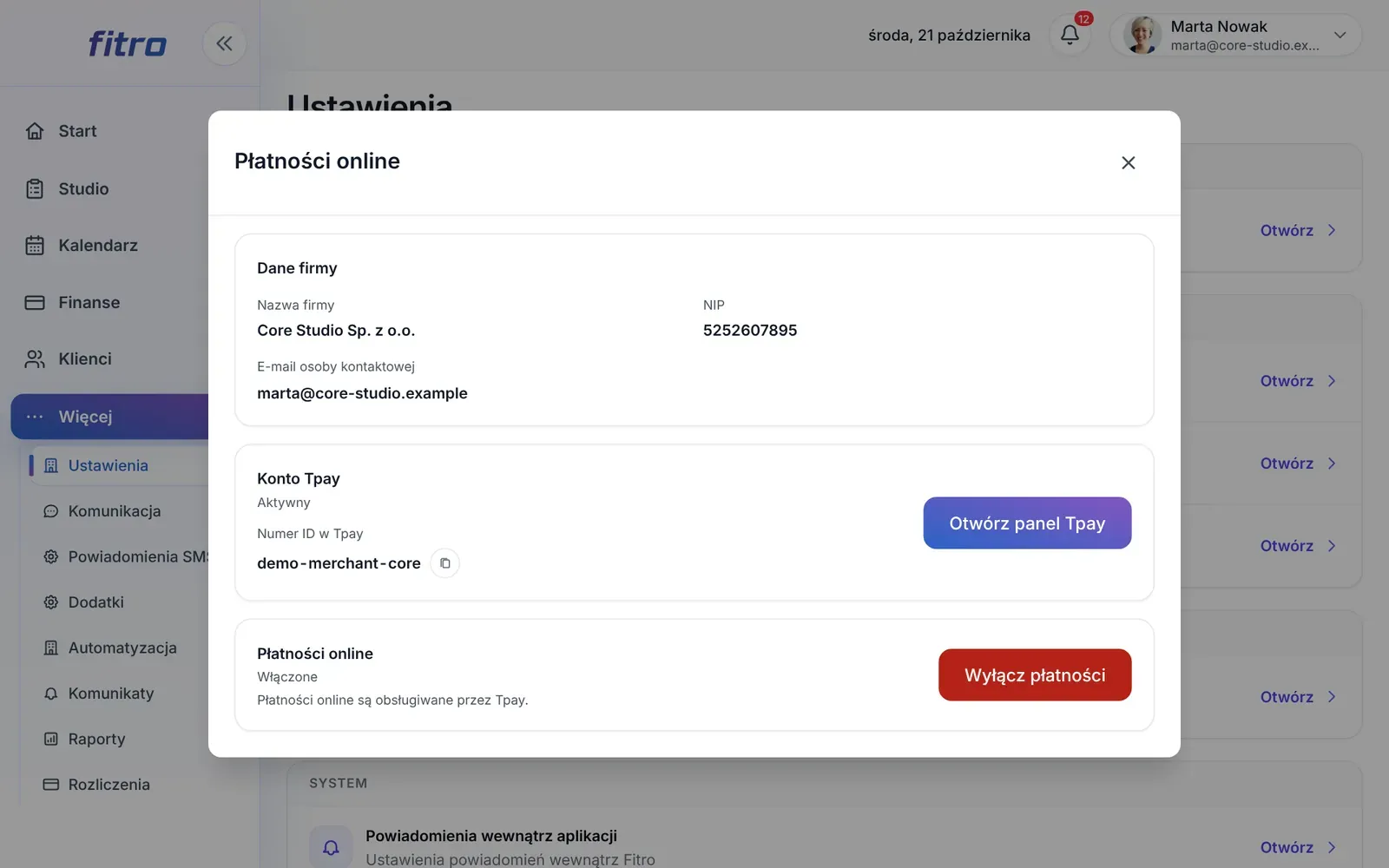 Ustawienia płatności online z danymi firmy, kontem Tpay i włączonymi płatnościami